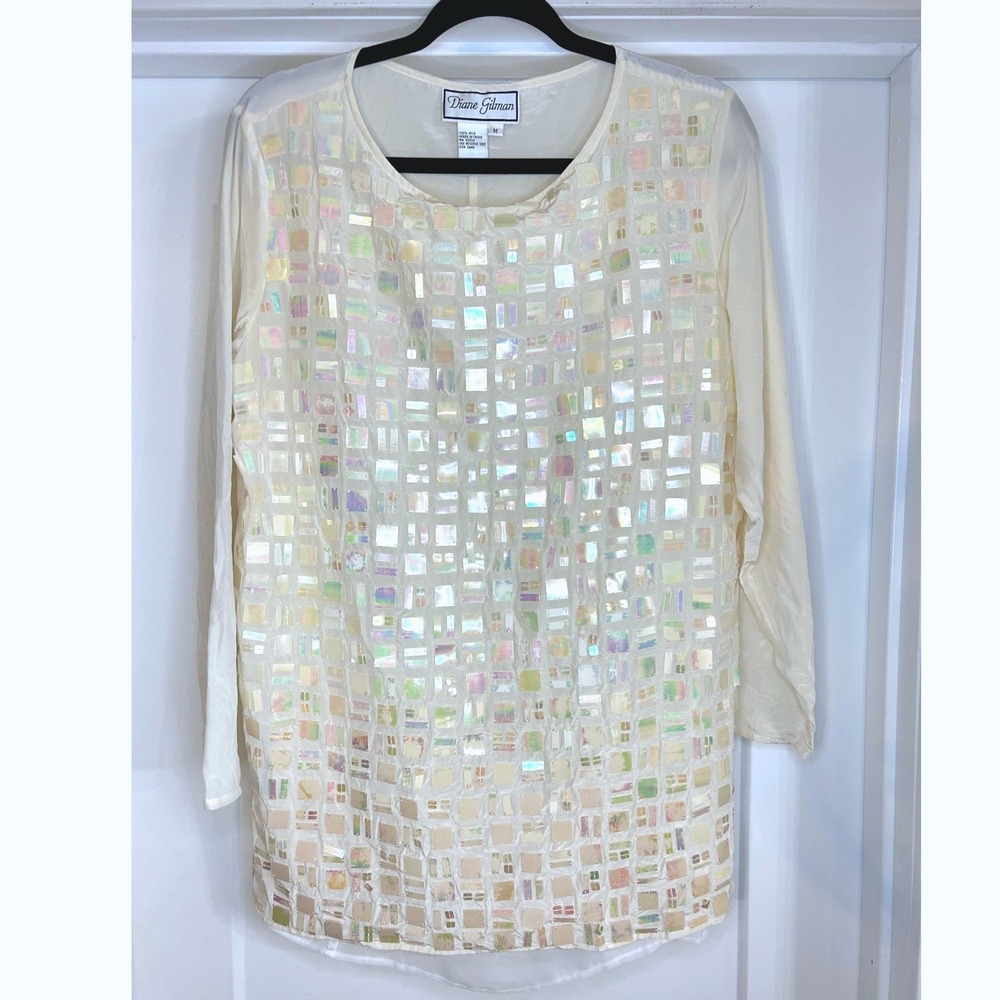 Diane Gilman Vintage Women Cream 100% Silk Iridescent Sequin Tunic Medium